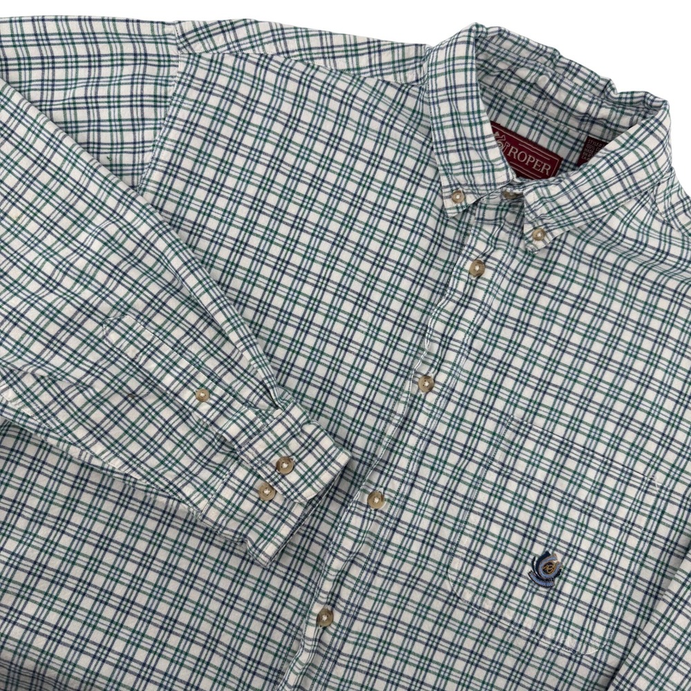 Roper Men's L Plaid Long Sleeve Button Down Shirt Green Blue White Rodeo Western
